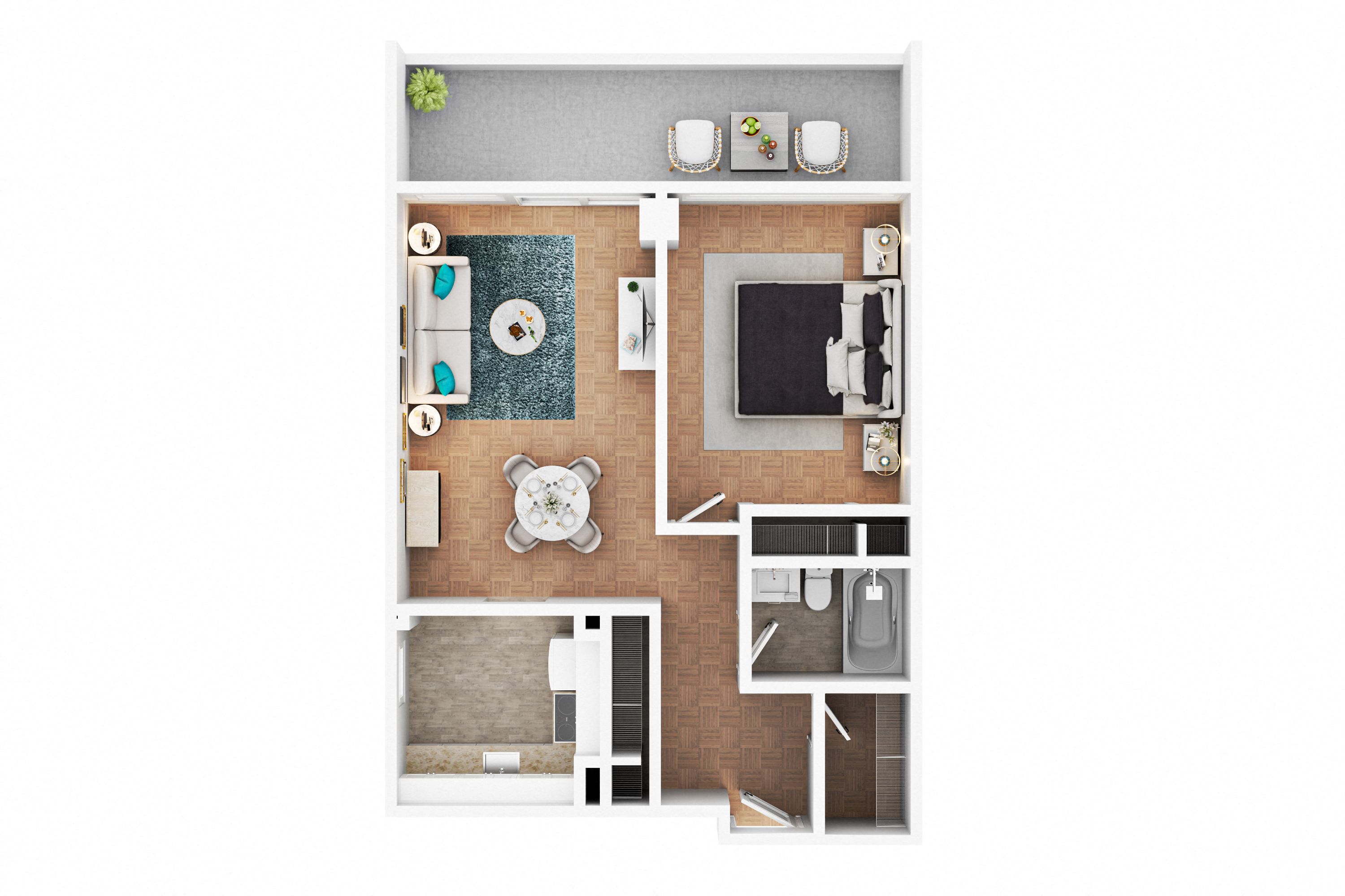Floor plan for 1 bed, 1 bath, 600 sqft